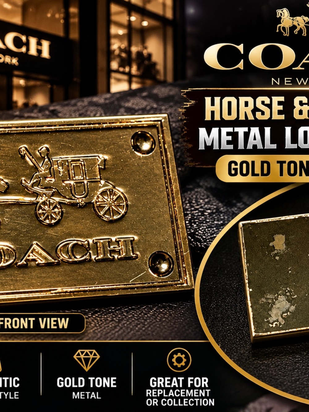 Coach Horse Carriage Metal Logo Plaque Emblem Gold Tone 1.5” Bag Replacement